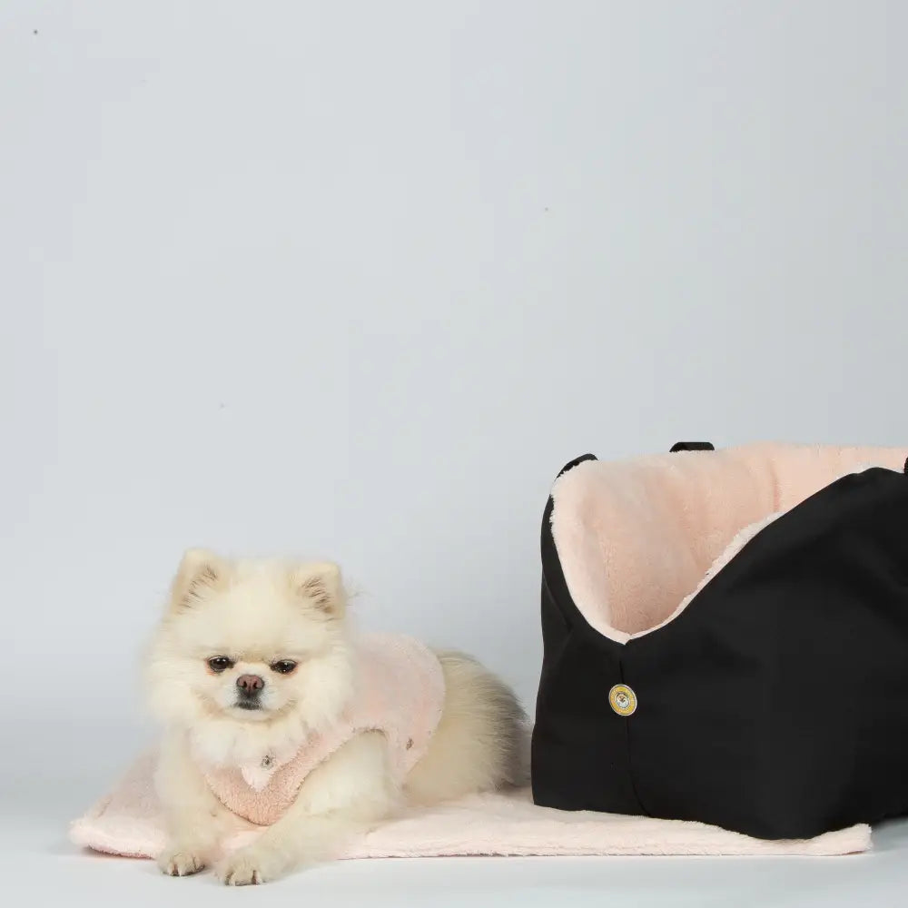 Black and pink dog carrier with button closure and soft lining for Teddy Bear Beige Dog Blanket by Soho Poms