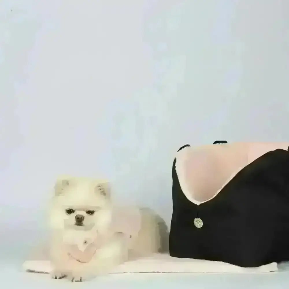 Black and pink dog carrier with button closure and soft lining for Teddy Bear Beige Dog Blanket by Soho Poms
