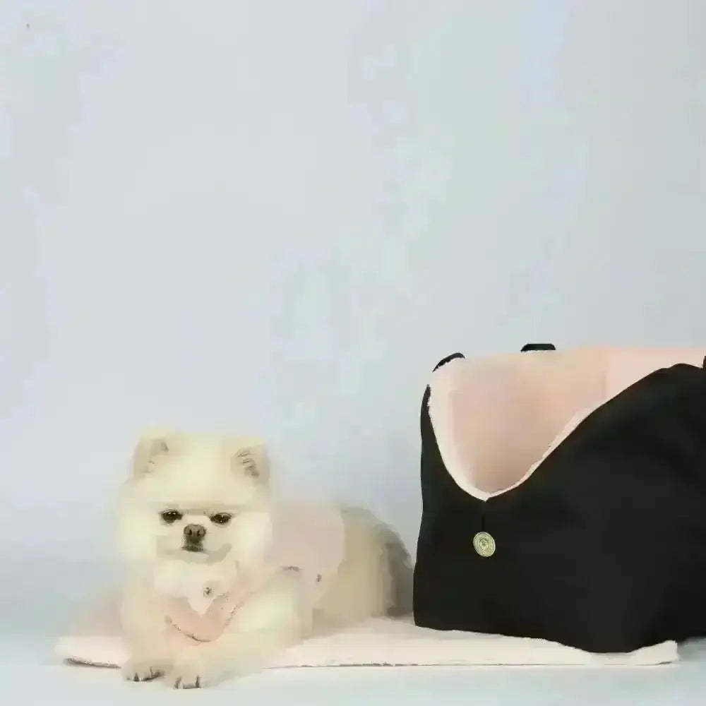Black and pink dog carrier with button closure and soft lining for Teddy Bear Beige Dog Blanket by Soho Poms