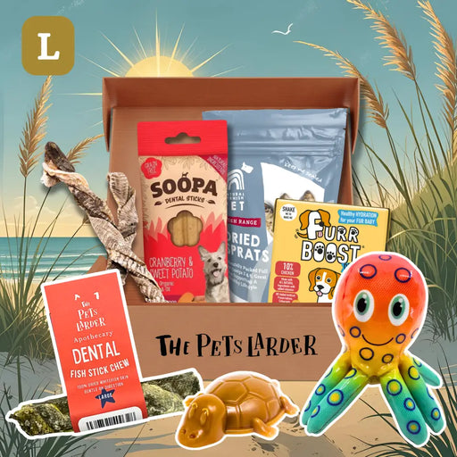 Pet product box with various pet items including treats and a toy, set against a beach scene.