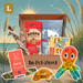 Pet product box with various pet items including treats and a toy, set against a beach scene.