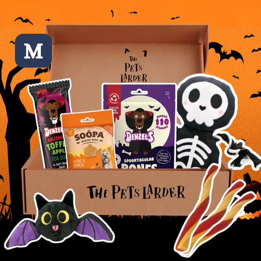 Halloween-themed pet product box with treats and a skeleton toy on an orange background with bats.