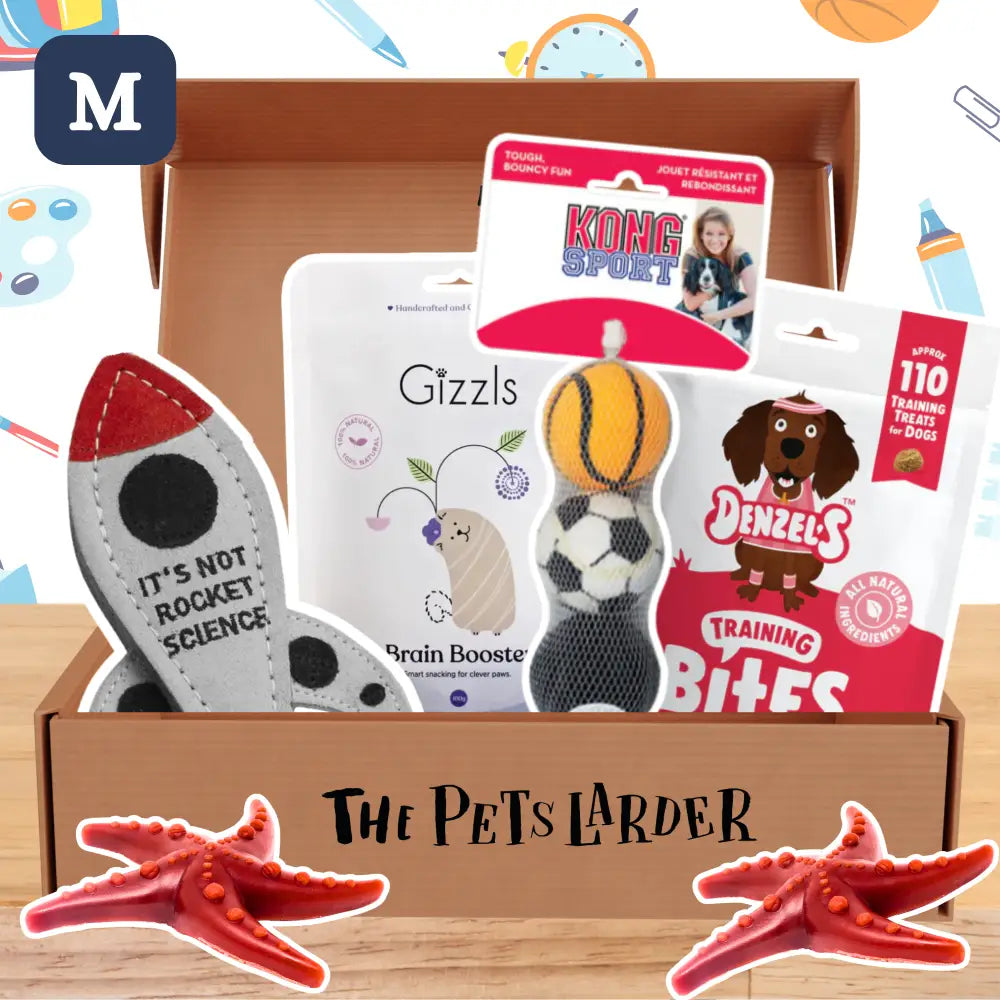 Dog toy assortment in a box with 'The Pets Larder' branding.