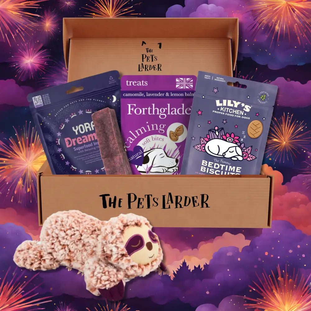 Pet treat box with colorful fireworks background and creepy cuties rope plush toy for dogs