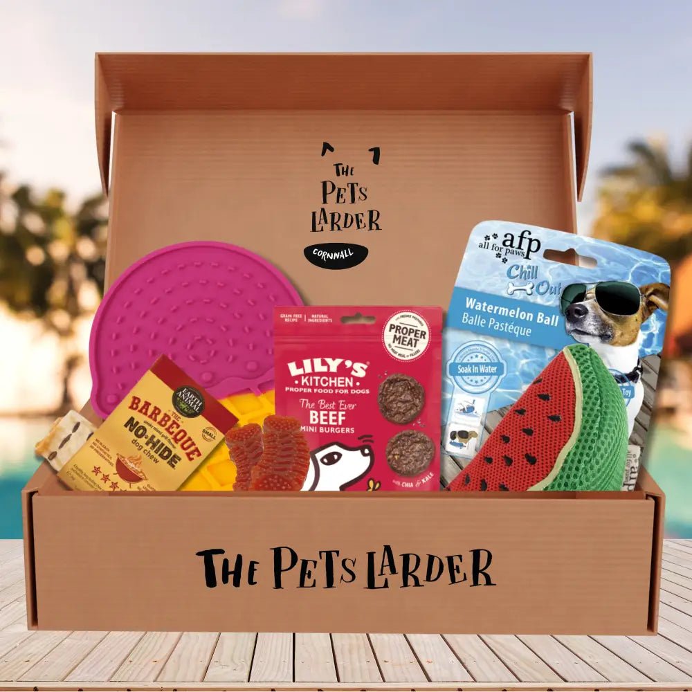 Pet food subscription box with colorful contents and The Pets Larder branding, featuring a monthly treat and creepy cuties rope for dogs