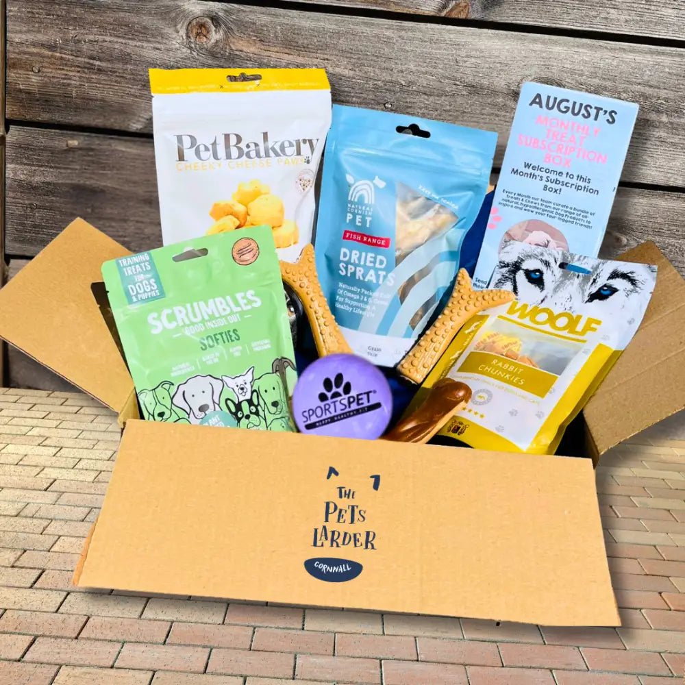 Pet treat box with assorted snacks and toys including creepy cuties rope and cuties rope skeleton for the Pets Larder Monthly Treat Subscription for Dogs Medium