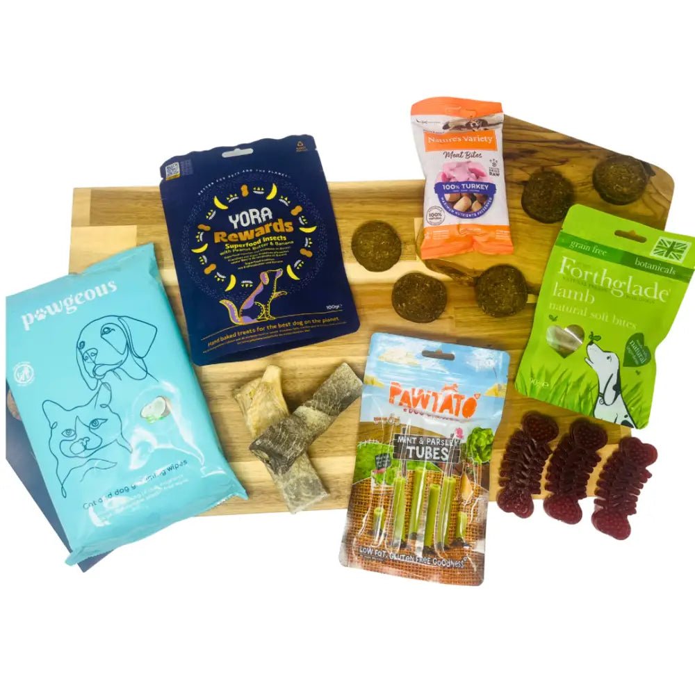 Blue cat treat bag with Pawgecony logo and cat face illustration for The Pets Larder monthly treat box
