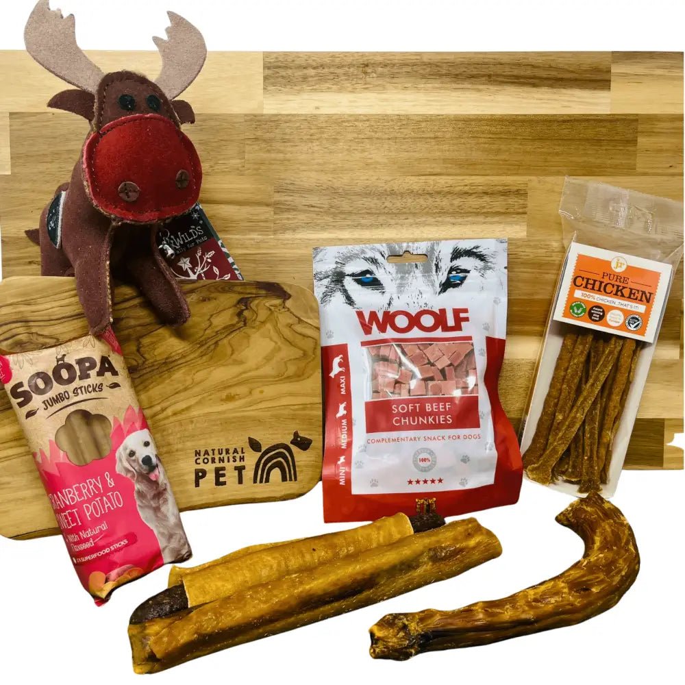 Moose-shaped plush toy with red nose and black eyes from The Pets Larder monthly treat box
