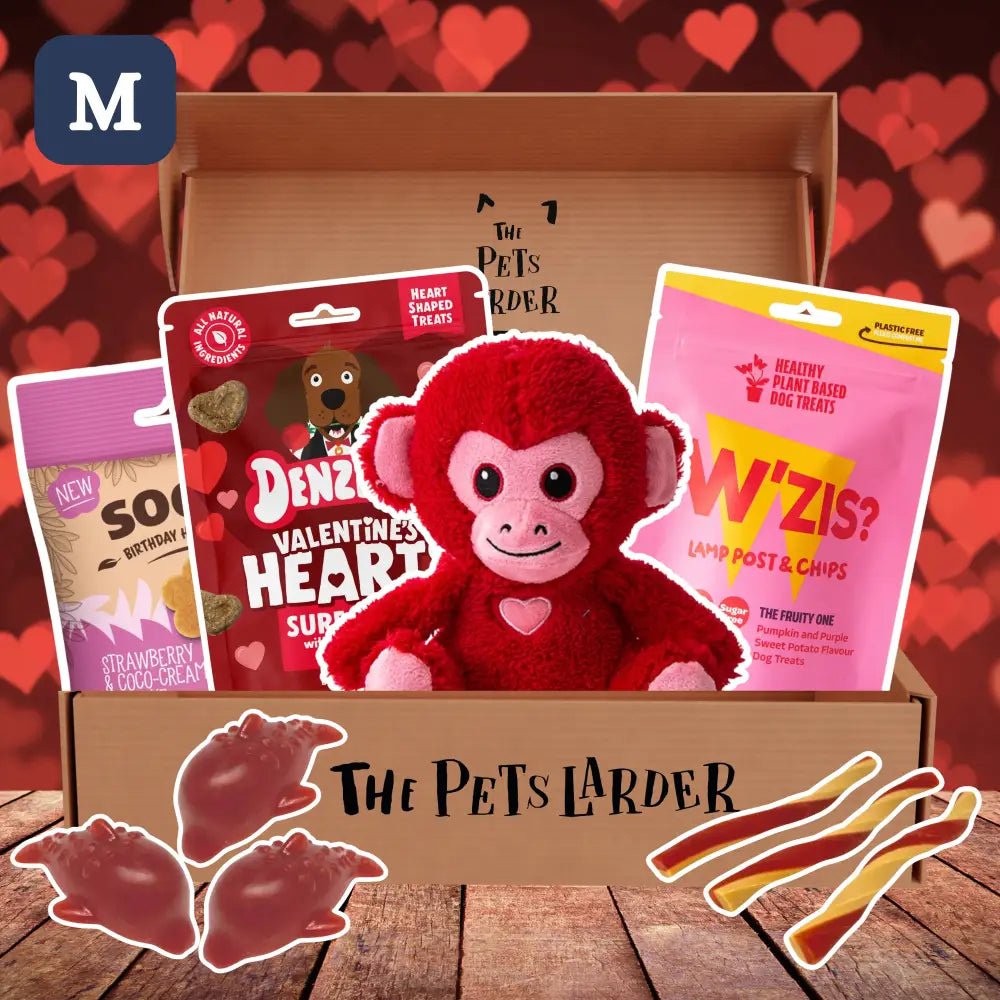 Red plush monkey toy with pink ears in The Pets Larder dog treat box