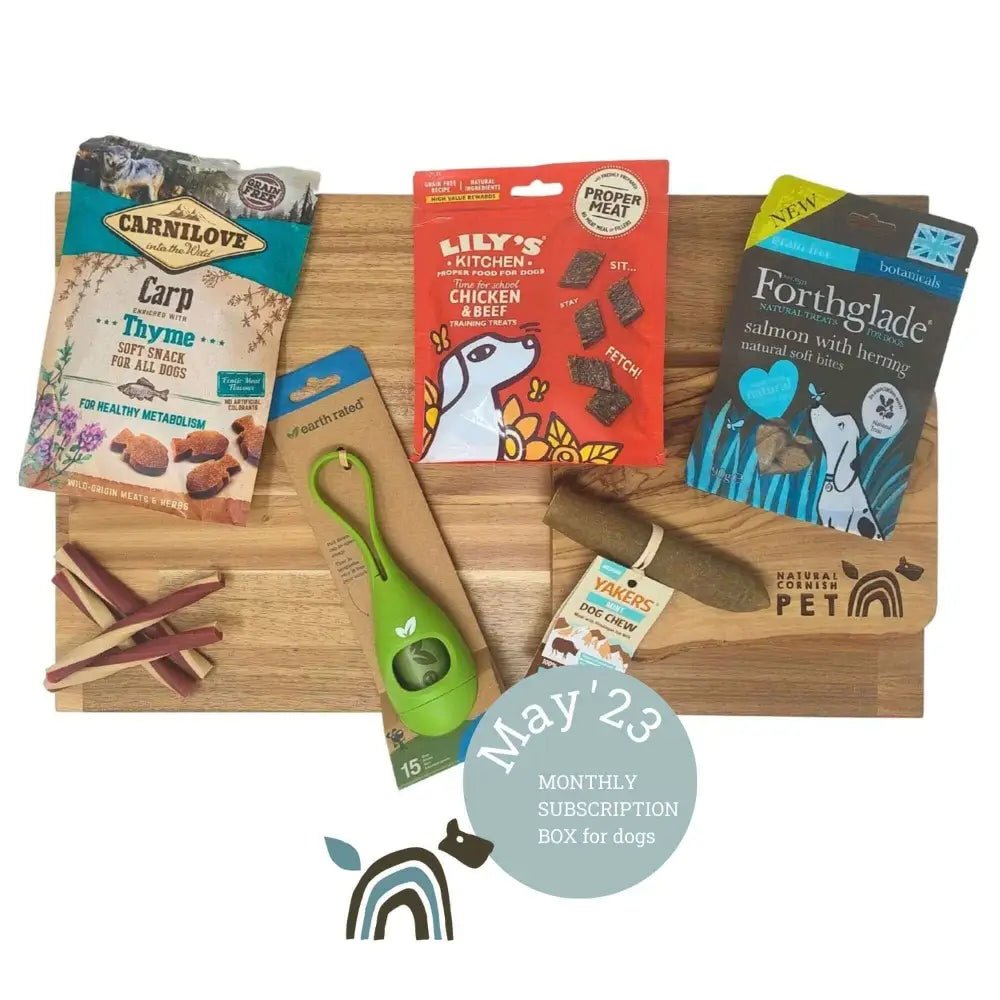 Wooden pet treat box with treats, toys, green leash, and Creepy Cuties Rope for dogs