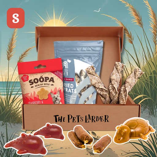 Dog treat box with Soopa, Dried Sprats, and other treats on a natural background