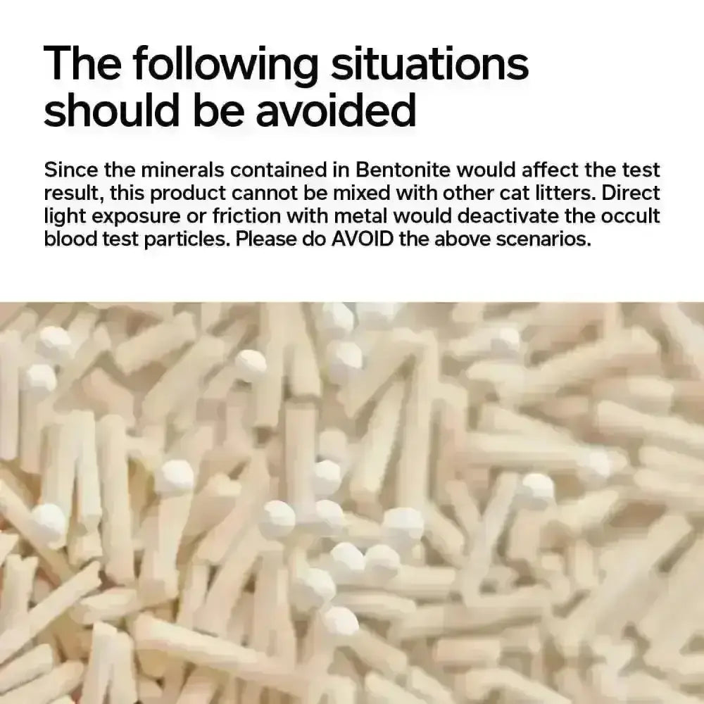 Bentonite cat litter sticks with occult blood test particles in off-white cylindrical shape