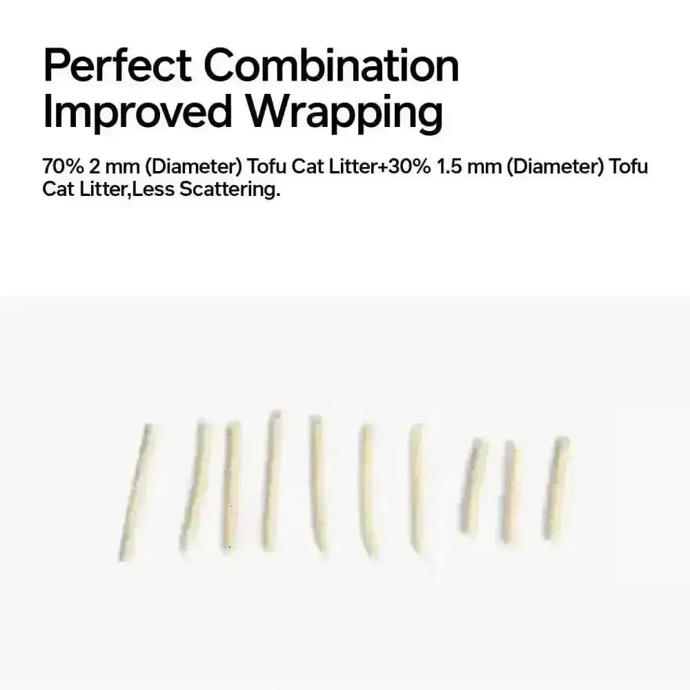 Beige 2 mm tofu cat litter sticks with occult blood test particles, wrapped to reduce scattering