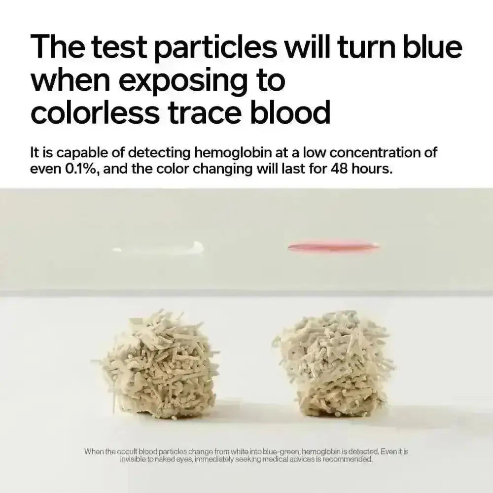 Blue test particles for occult blood detection in Tofu Health Cat Litter with FOBT test