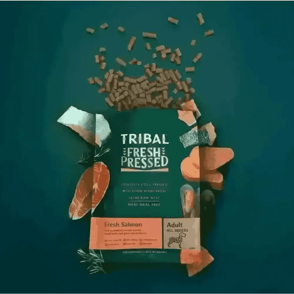 Tribal’s Fresh Pressed Adult Salmon dog food bag with mussels