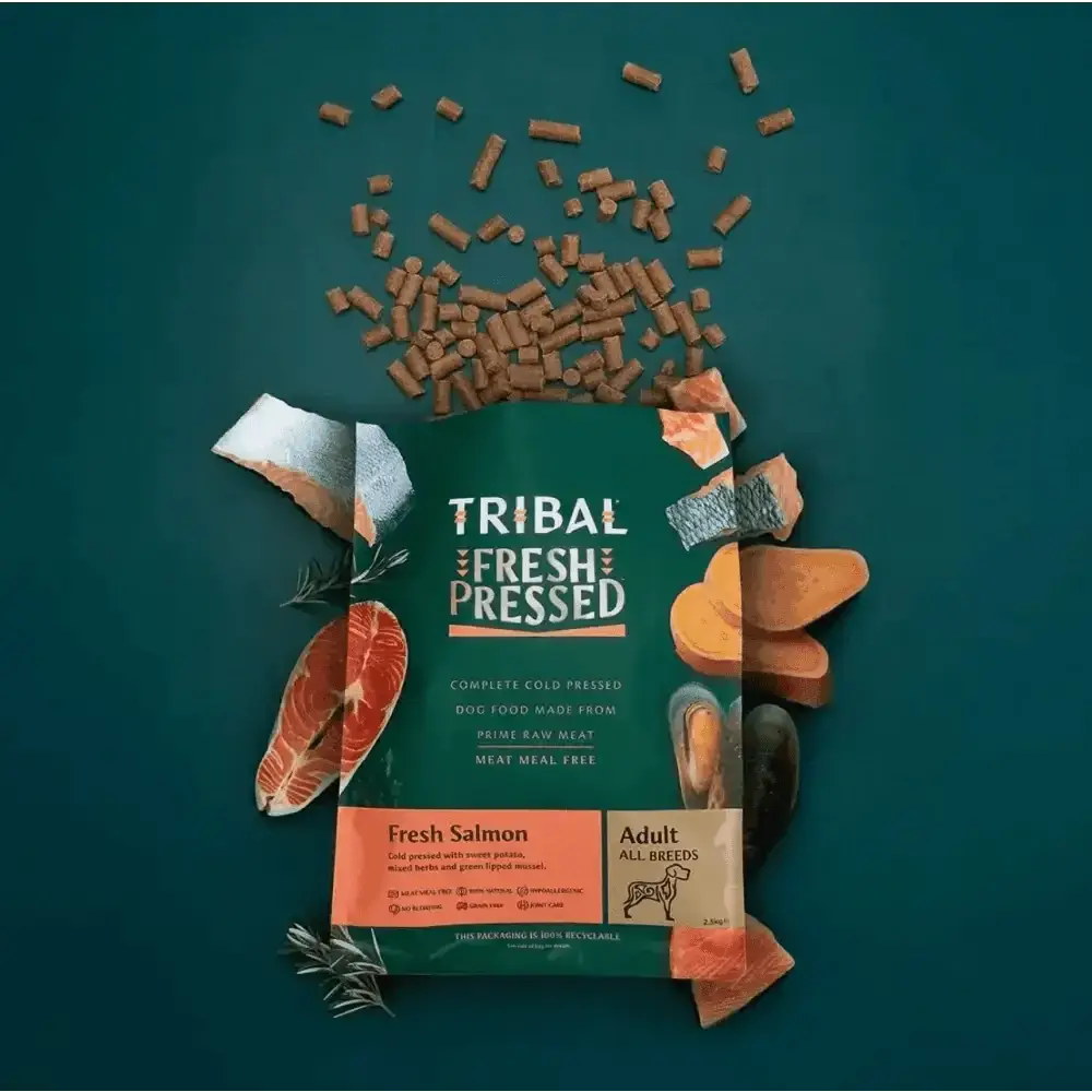 Tribal’s Fresh Pressed Adult Salmon dog food bag with mussels