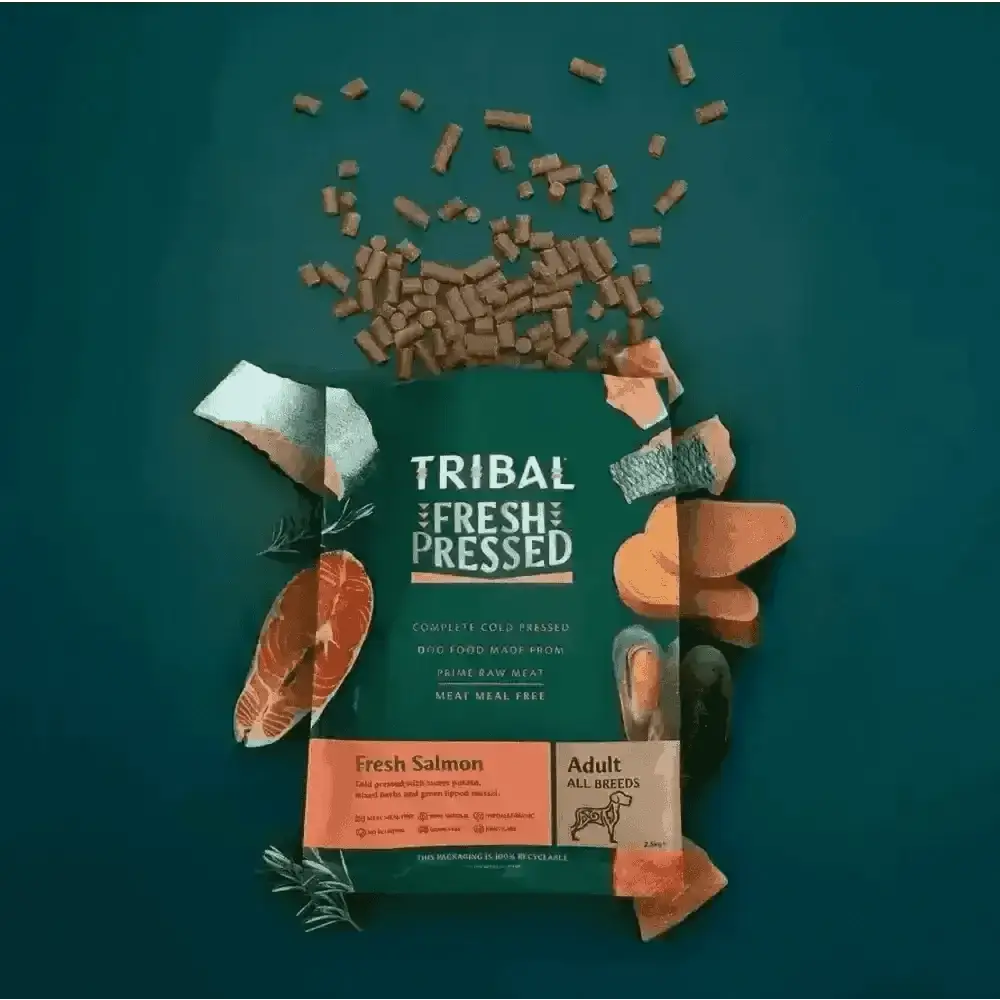 Tribal’s Fresh Pressed Adult Salmon dog food bag with mussels