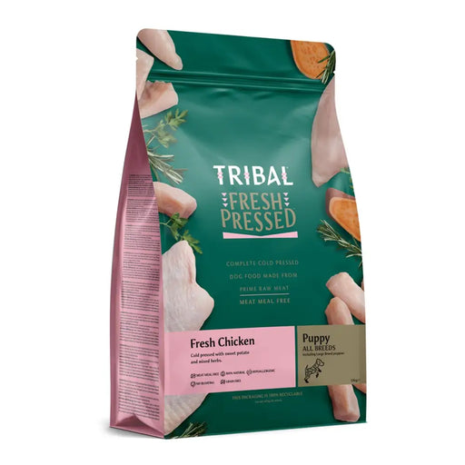 Tribal Fresh Pressed dog food package with green and pink design on a white background