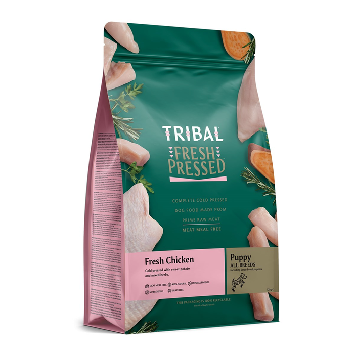 Tribal Fresh Pressed dog food package with green and pink design on a white background