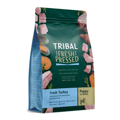 Tribal Fresh Pressed dog food package with images of turkey and text on a white background