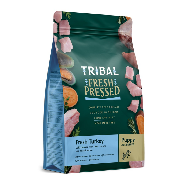 Tribal Fresh Pressed dog food package with images of turkey and text on a white background