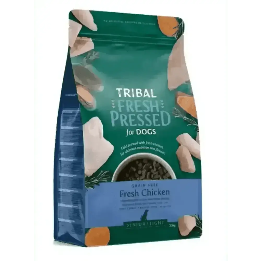 Tribal Fresh Pressed Senior Light dog food bag with cold pressed fresh chicken flavor
