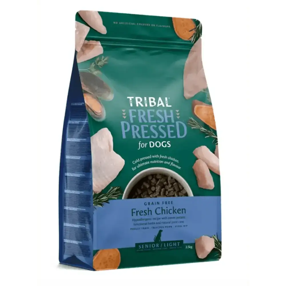 Tribal Fresh Pressed Senior Light dog food bag with cold pressed fresh chicken flavor
