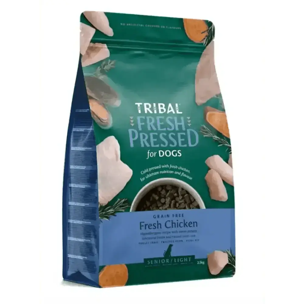 Tribal Fresh Pressed Senior Light dog food bag with cold pressed fresh chicken flavor