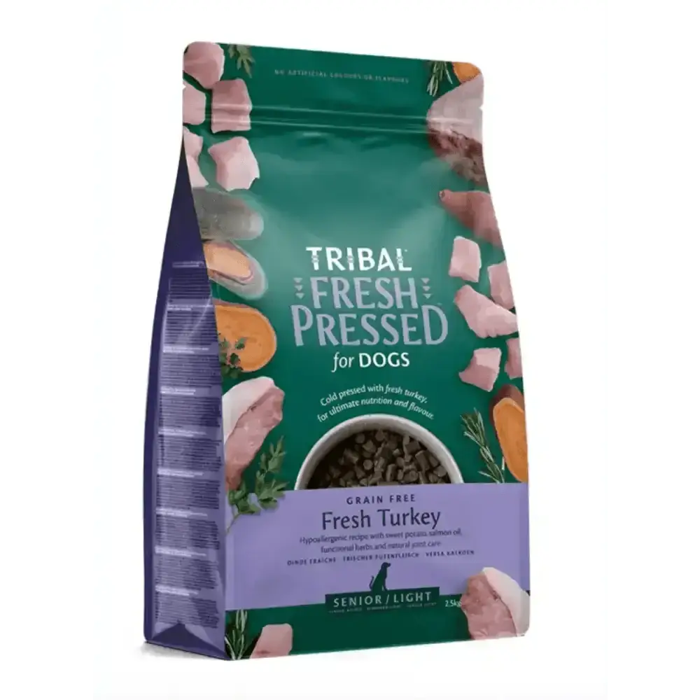 Tribal Fresh Pressed Senior Light Dog Food bag with cold pressed fresh turkey and green-white design