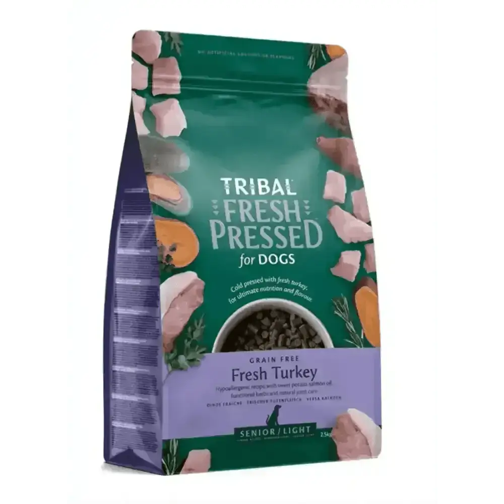 Tribal Fresh Pressed Senior Light Dog Food bag with cold pressed fresh turkey and green-white design