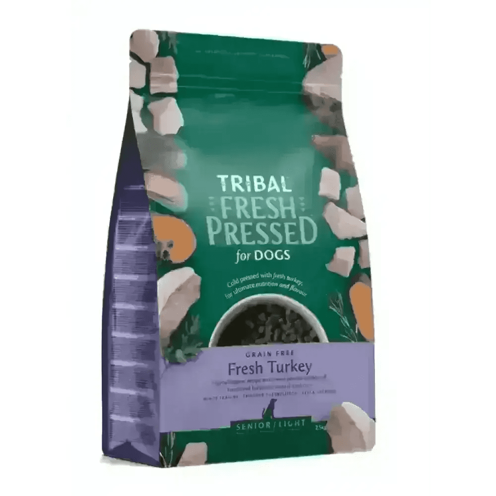 Tribal Fresh Pressed Senior Light Dog Food bag with cold pressed fresh turkey and green-white design