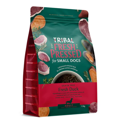 Tribal Fresh Pressed dog food package for small dogs with duck flavor on a white background