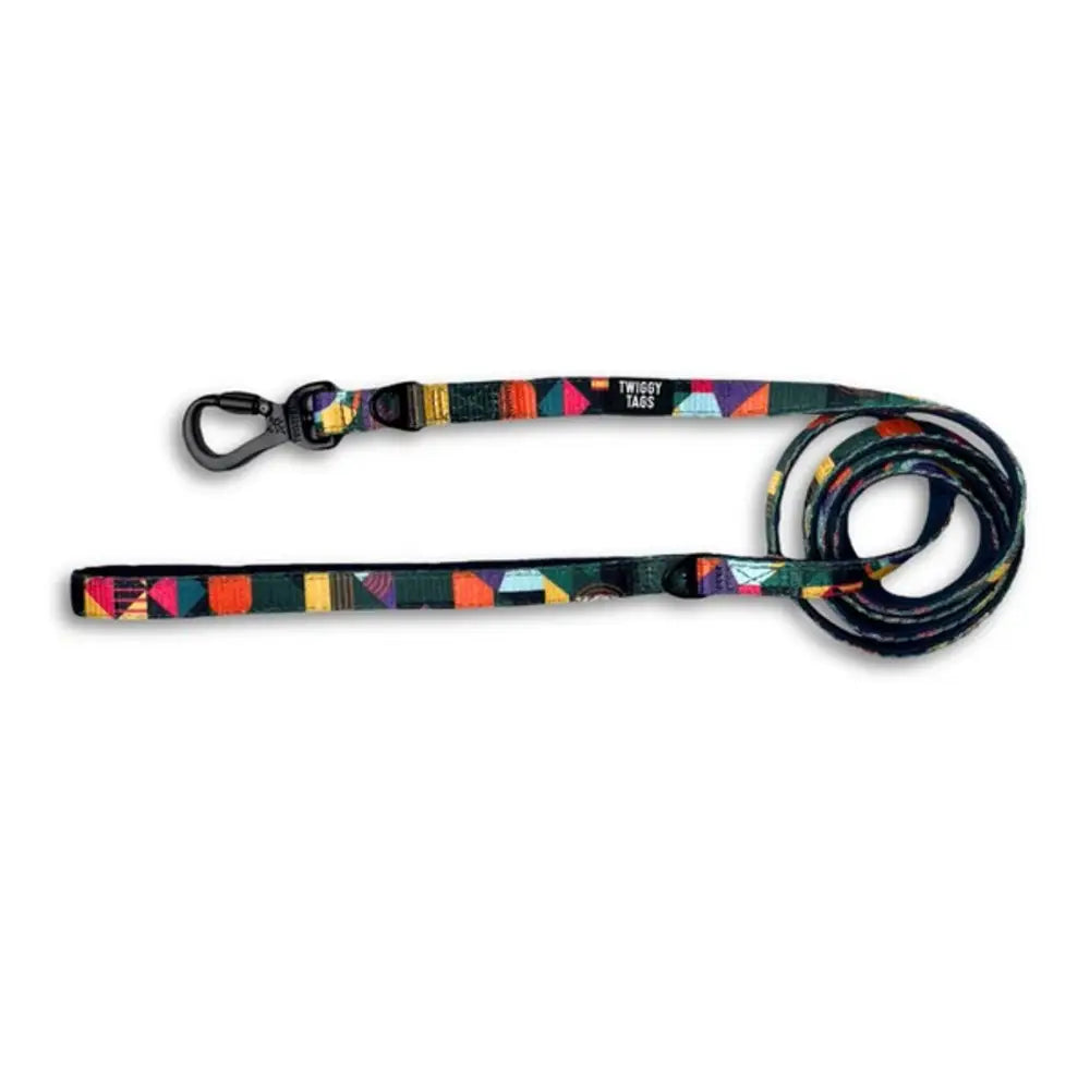 Multi-colored geometric Twiggy Tags Adventure Dog Lead - Aurora with black clasp