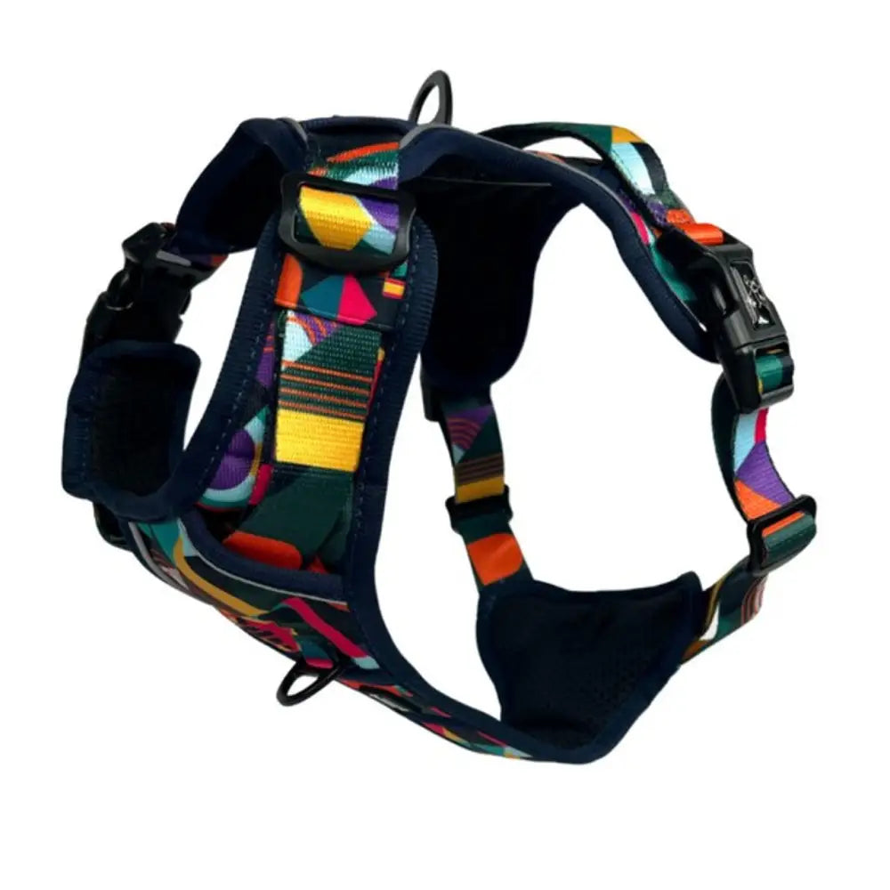 Twiggy Tags Adventure Harness - Aurora in multicolored geometric pattern