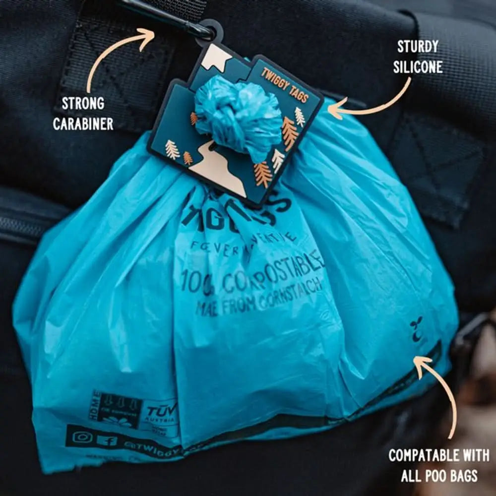 Twiggy Tags Porta-Poop Alpine blue compostable poop bag with silicone handle