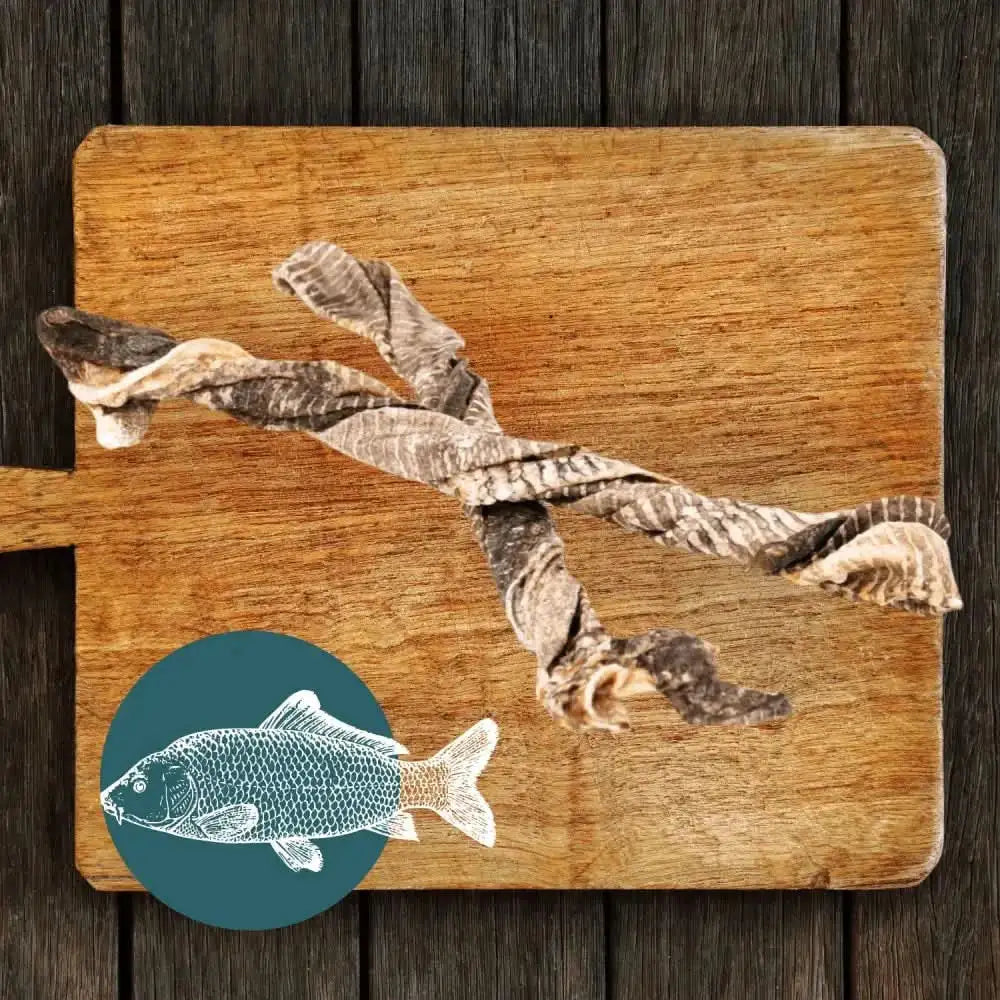 Twisted, dried fish treat with a natural brown and grayish coloration.