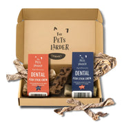 Pets Larder Ultimate Fish Chew Box with dental fish stick treats in orange blue packaging
