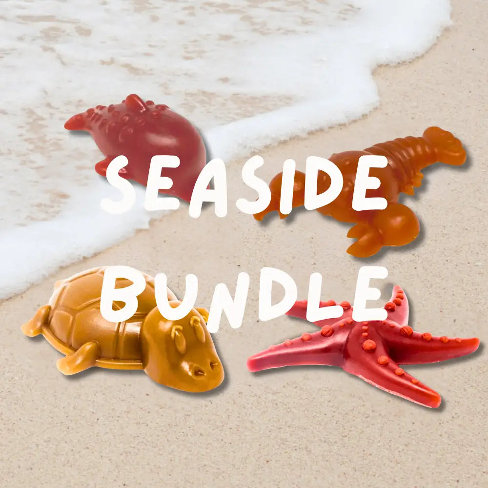 Colorful vegetable chews: red lobster, orange turtle, pink starfish bundle