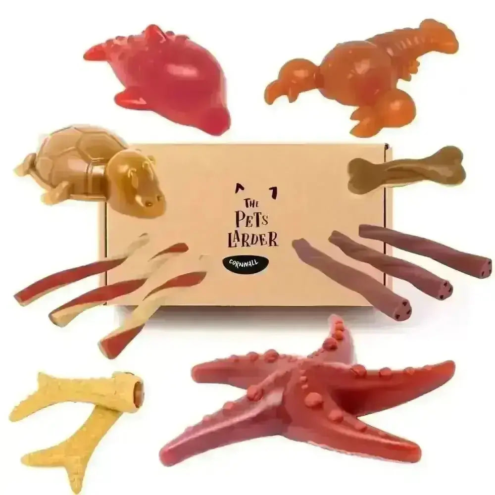 Pink and brown starfish-shaped vegetable chew from the Vegetable Chew Variety Box for Dogs