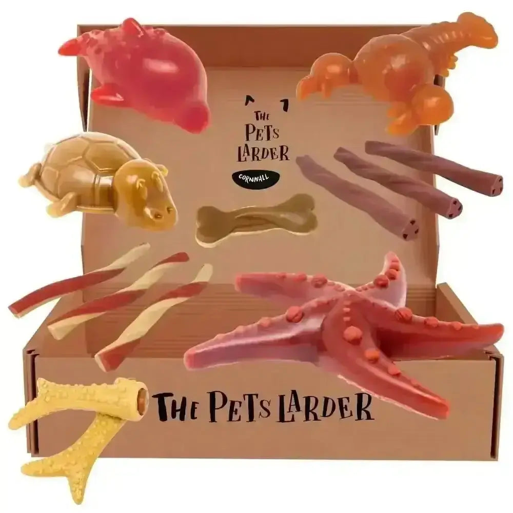 Ocean-themed dog toys in various shapes and colors from Vegetable Chew Variety Box for Dogs