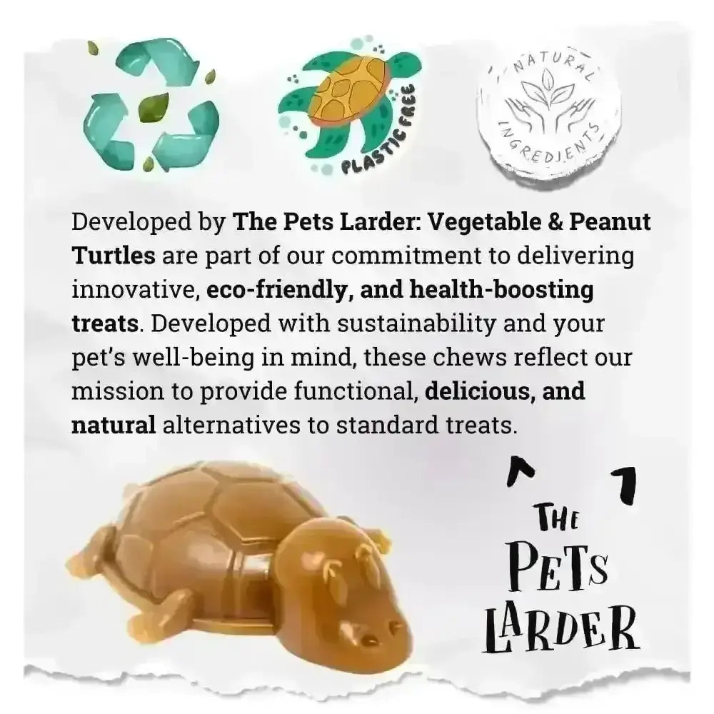 Natural peanut butter turtle chew for dogs with green shell, supporting dental health