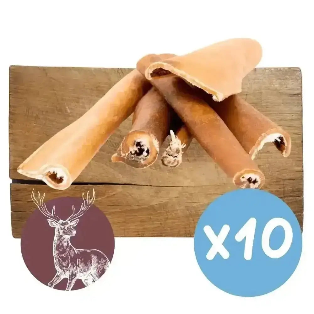 Ten-pack of venison skin natural meat chews with white marrow for dogs