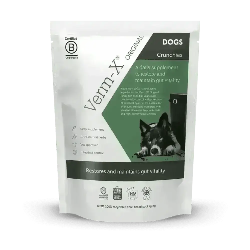 Verm X Treats for Dogs 100g with natural active ingredients in green and white packaging