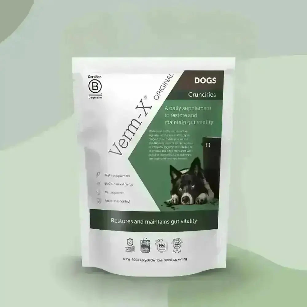 Verm X Treats for Dogs 100g with natural active ingredients in white packaging with green accents