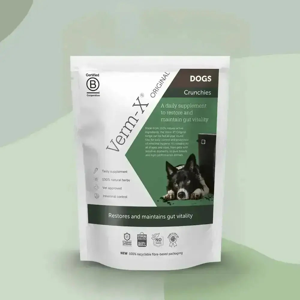 Verm X Treats for Dogs 100g with natural active ingredients in white packaging with green accents