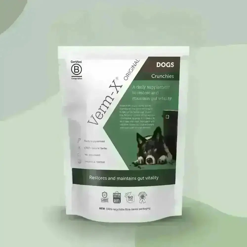 Verm X Treats for Dogs 100g with natural active ingredients in white packaging with green accents