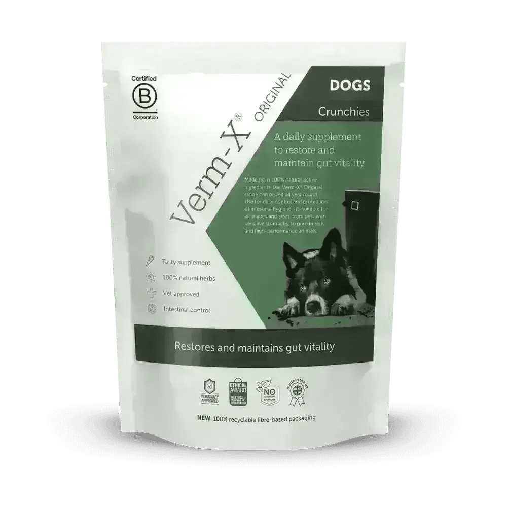 Verm X Treats for Dogs 100g with natural active ingredients in green and white packaging