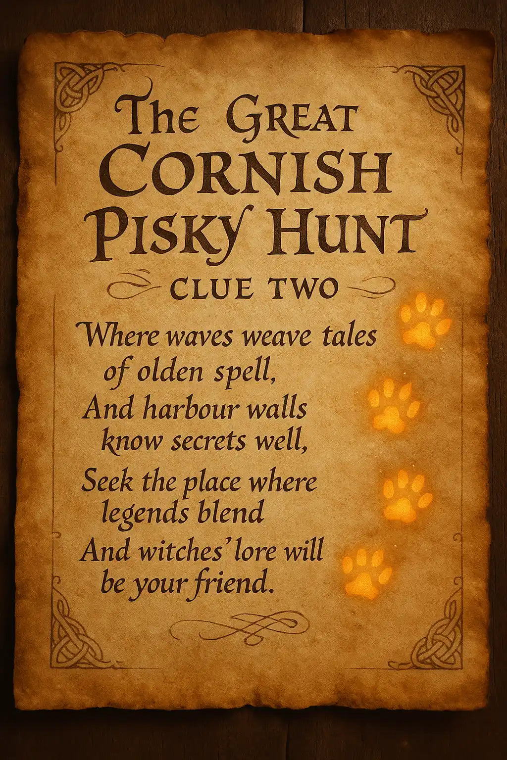 Vintage parchment scroll with paw prints and celtic knot design.