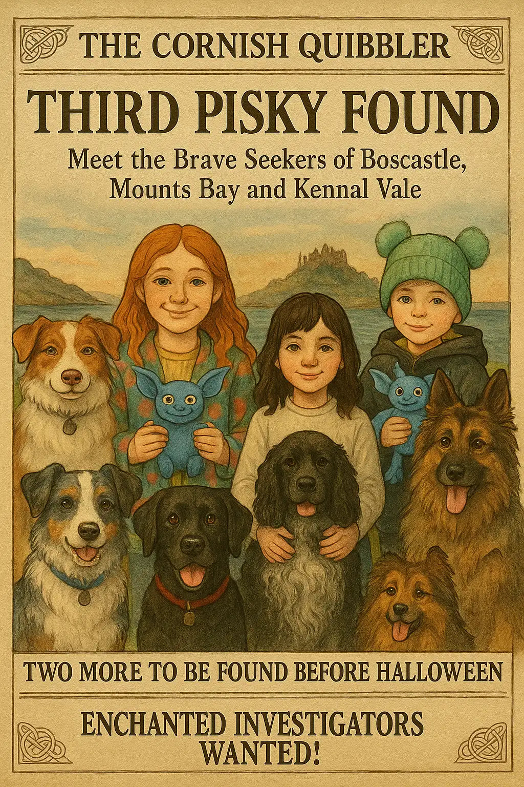 Vintage-style poster featuring three children and their dogs, with a whimsical design in muted tones.