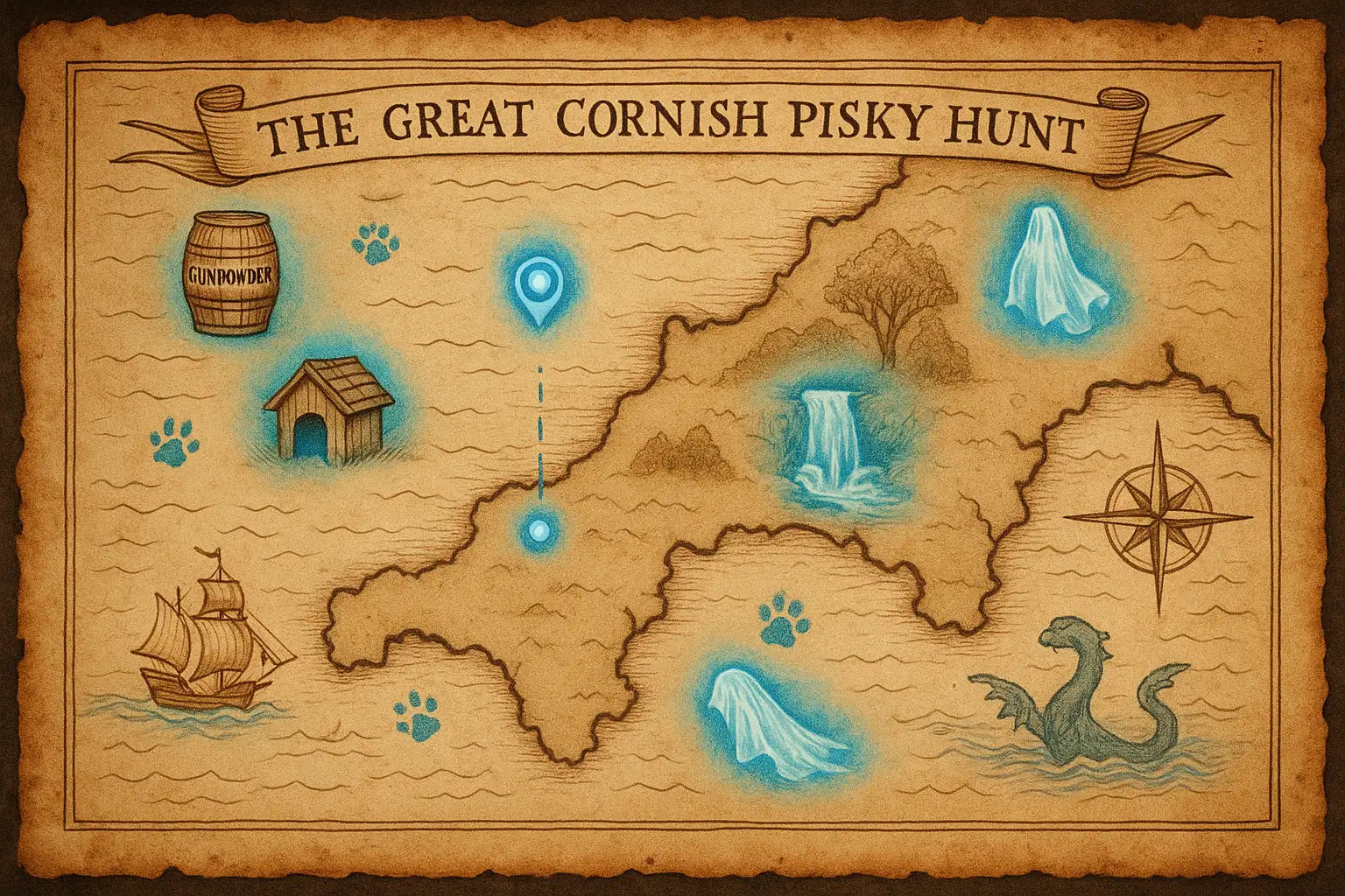 Vintage treasure map with glowing blue highlights and whimsical illustrations of cornish landmarks.
